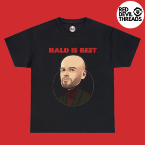 Red Devil Threads 'Bald is Best' T-shirt, a tribute to Manchester United manager Erik Ten Hag – Coming Soon