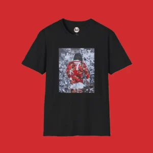 Full-length George Best collage T-shirt featuring iconic black-and-white images of the Manchester United legend.