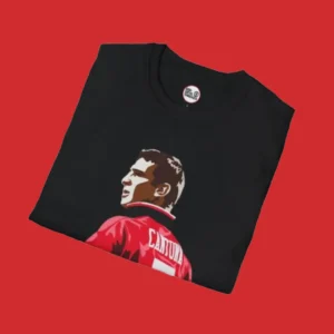 Close-up of the Eric Cantona animated T-shirt showcasing intricate artwork of the Manchester United legend.