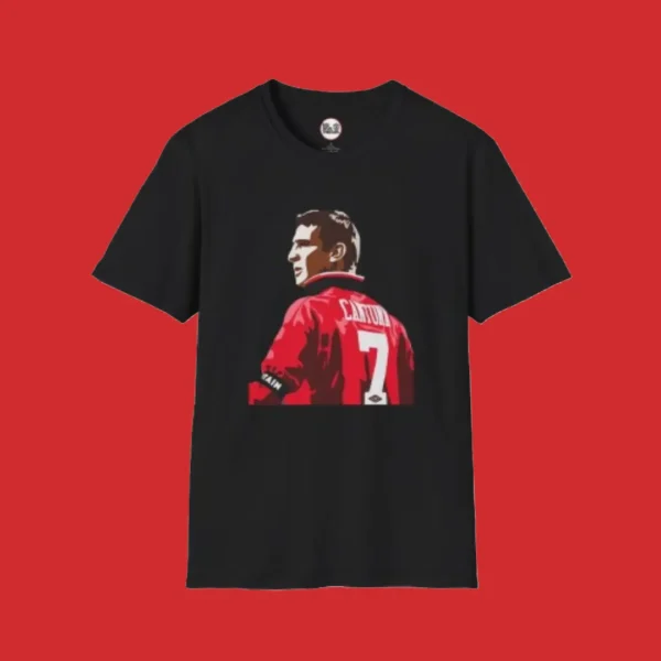 Full-length black T-shirt featuring an animated image of Manchester United icon Eric Cantona.