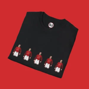 Close-up of the "5 Cantona’s" design on a black T-shirt, a tribute to Manchester United’s legendary Stretford End chant.