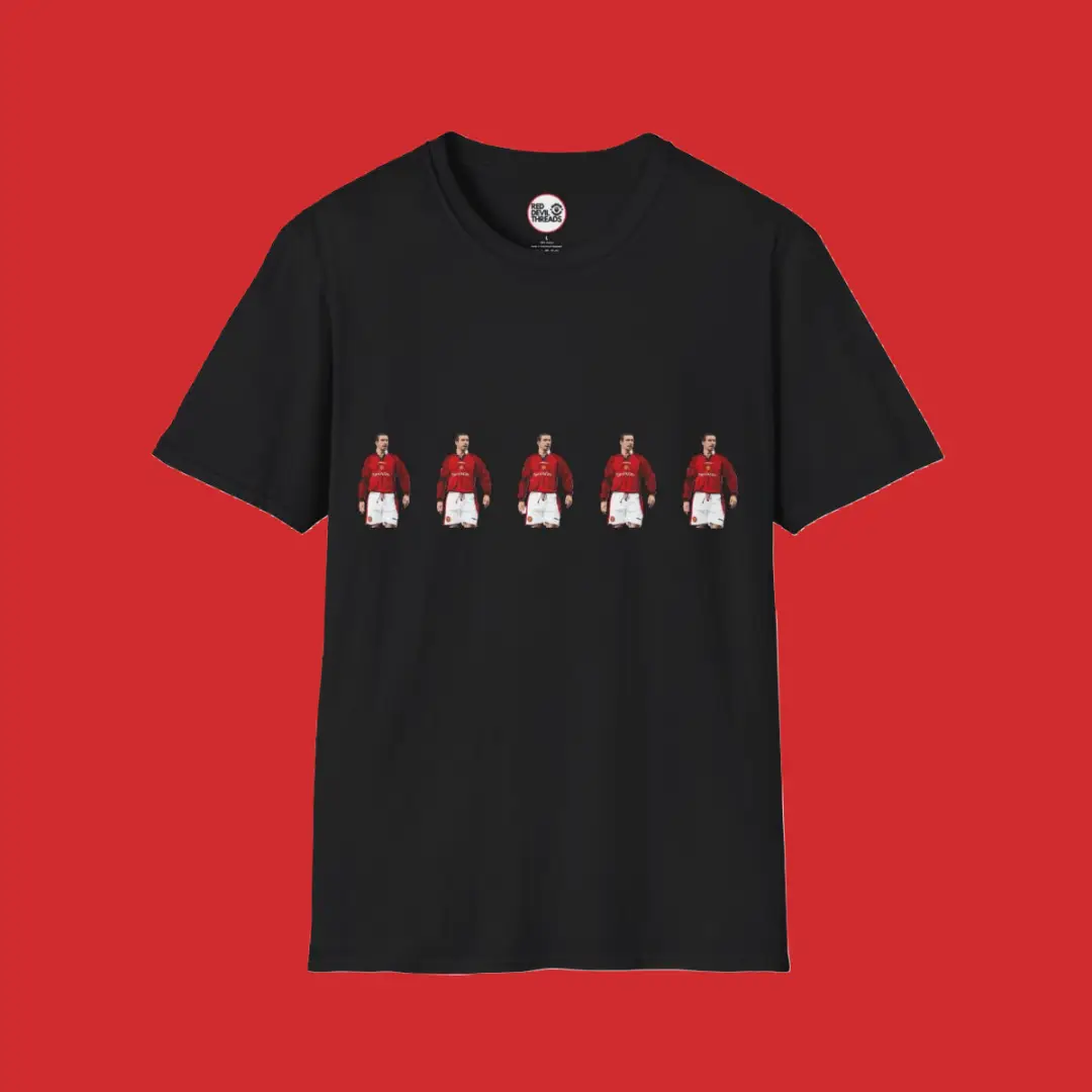 Full-length view of a black "5 Cantona’s" T-shirt, celebrating the iconic Manchester United chant sung in the Stretford End. Five Cantonas