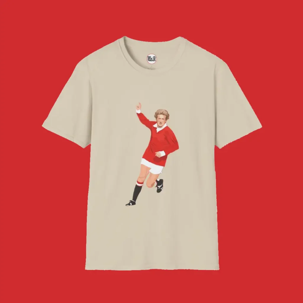 Full-length image of the Denis “The King” “Lawman” Law T-shirt by Red Devil Threads, inspired by Manchester United fans in a tribute to the striker who made 404 appearances for Manchester United.