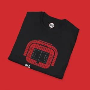 Close-up of the abstract Old Trafford design with 'OLD TRAFFORD M16' text on a black Manchester United T-shirt by Red Devil Threads.