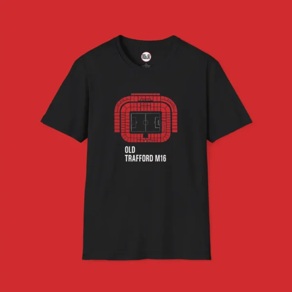 Black T-shirt featuring an abstract image of Old Trafford stadium with 'OLD TRAFFORD M16' text beneath, designed by Red Devil Threads for Manchester United fans.