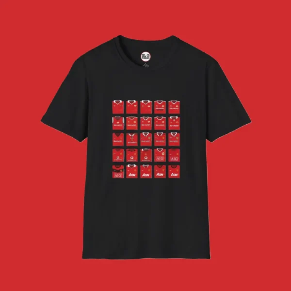 Black T-shirt featuring a grid of iconic retro Manchester United home kits form the 1980, 1990s and 2000's with classic sponsors like Sharp, Vodafone, AIG, and Aon and manufacturers like Adidas, Nike and Umbro.