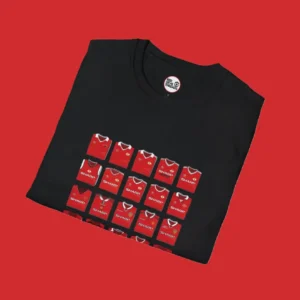 Close up of Red Devil Threads May Black T-shirt featuring a grid of iconic retro Manchester United home kits form the 1980, 1990s and 2000's with classic sponsors like Sharp, Vodafone, AIG, and Aon and manufacturers like Adidas, Nike and Umbro.