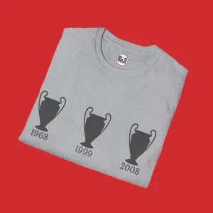 Close up of the Grey Manchester United Champions League Winners T-Shirt by Red Devil Threads featuring trophy icons from 1968, 1999, and 2008.