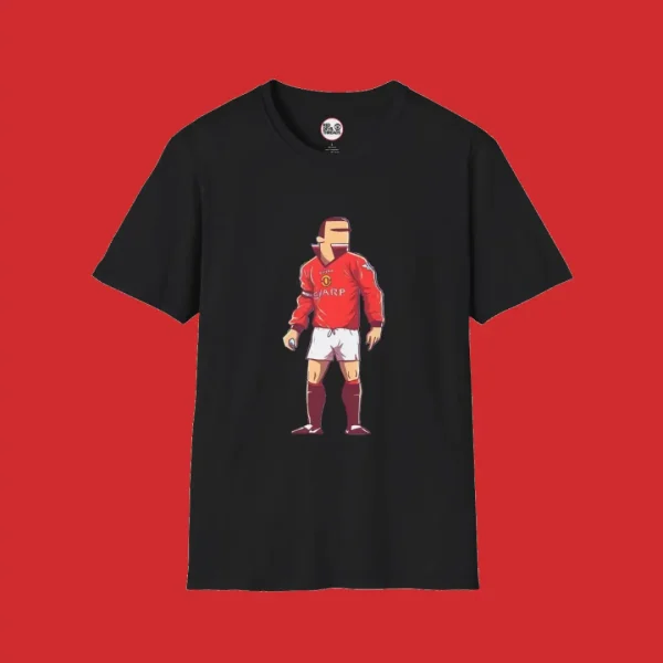 Black T-shirt featuring animated Eric Cantona wearing iconic red Manchester United number 7 shirt with collar up