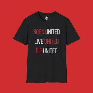 Black Red Devil Threads T-Shirt with the iconic BORN UNITED, LIVE UNITED, DIE UNITED text on it the famous Manchester United fans saying.