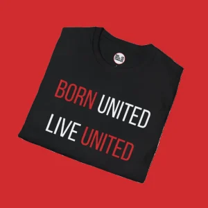 Black Red Devil Threads T-Shirt with the iconic BORN UNITED, LIVE UNITED, DIE UNITED text on it the famous Manchester United fans saying.