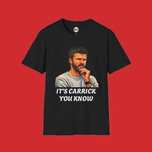Red Devil Threads “It’s Carrick You Know” Manchester United T-shirt celebrating Michael Carrick as United manager in bold red and white design.