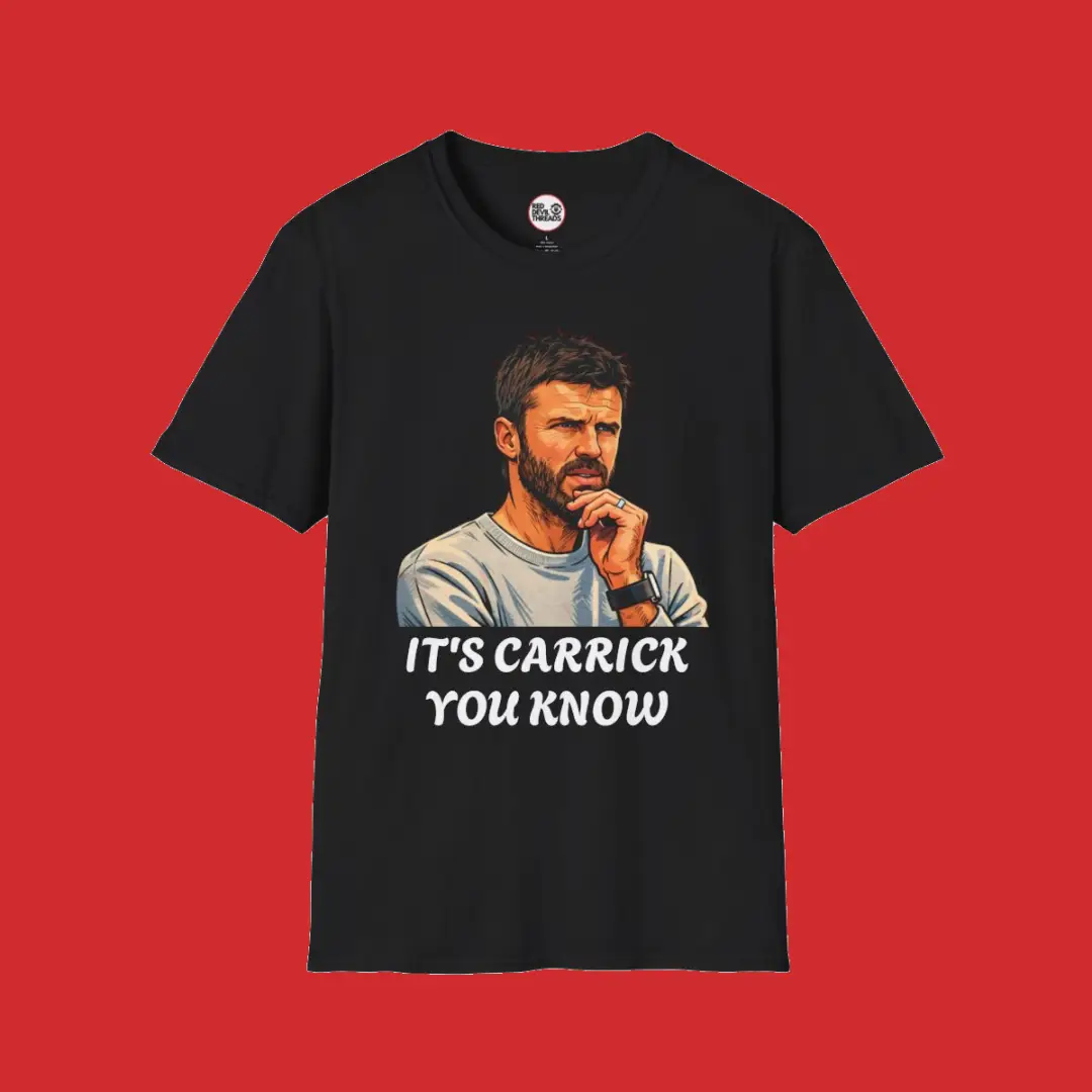 Red Devil Threads “It’s Carrick You Know” Manchester United T-shirt celebrating Michael Carrick as United manager in bold red and white design.