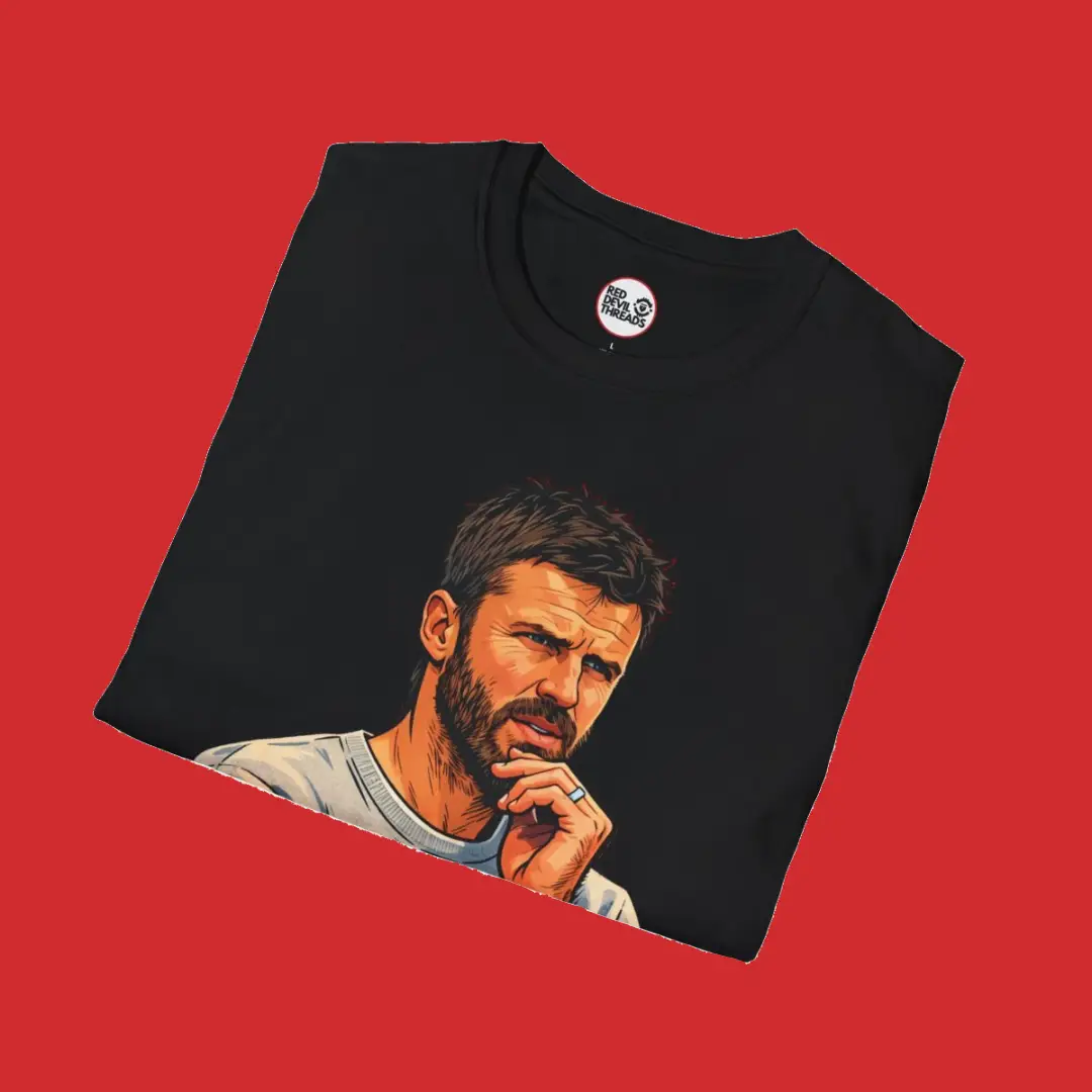 Manchester United fan wearing Red Devil Threads “It’s Carrick You Know” shirt inspired by Michael Carrick chant at Old Trafford.